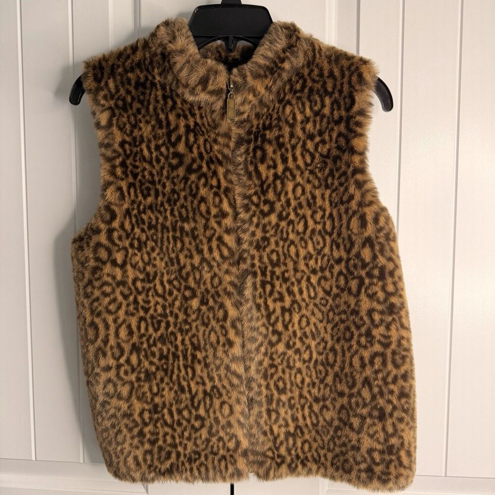Designers Originals Petite M Leopard Print Faux Fur Zip Vest Rib Knit Back Brown